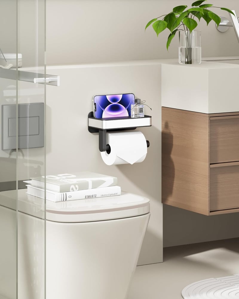 Kitsure Wc papír tartó polccal, fúrás nélkül, extra nagy tekercshez, fekete