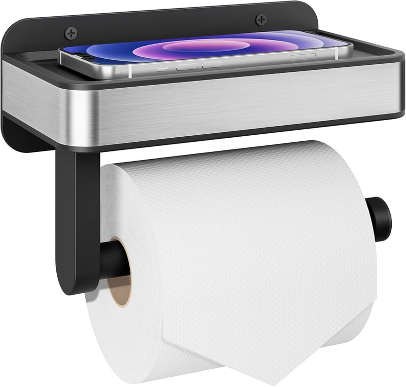 Kitsure Wc papír tartó polccal, fúrás nélkül, extra nagy tekercshez, fekete