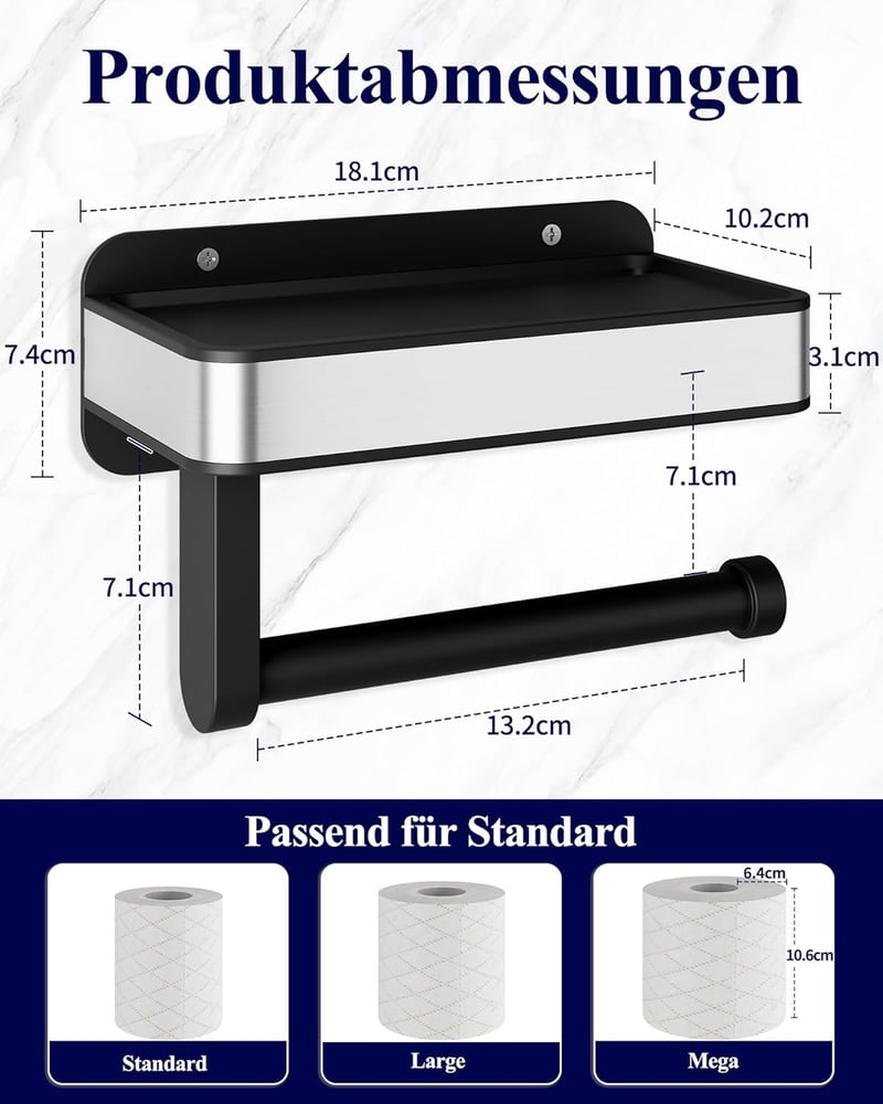 Kitsure Wc papír tartó polccal, fúrás nélkül, extra nagy tekercshez, fekete