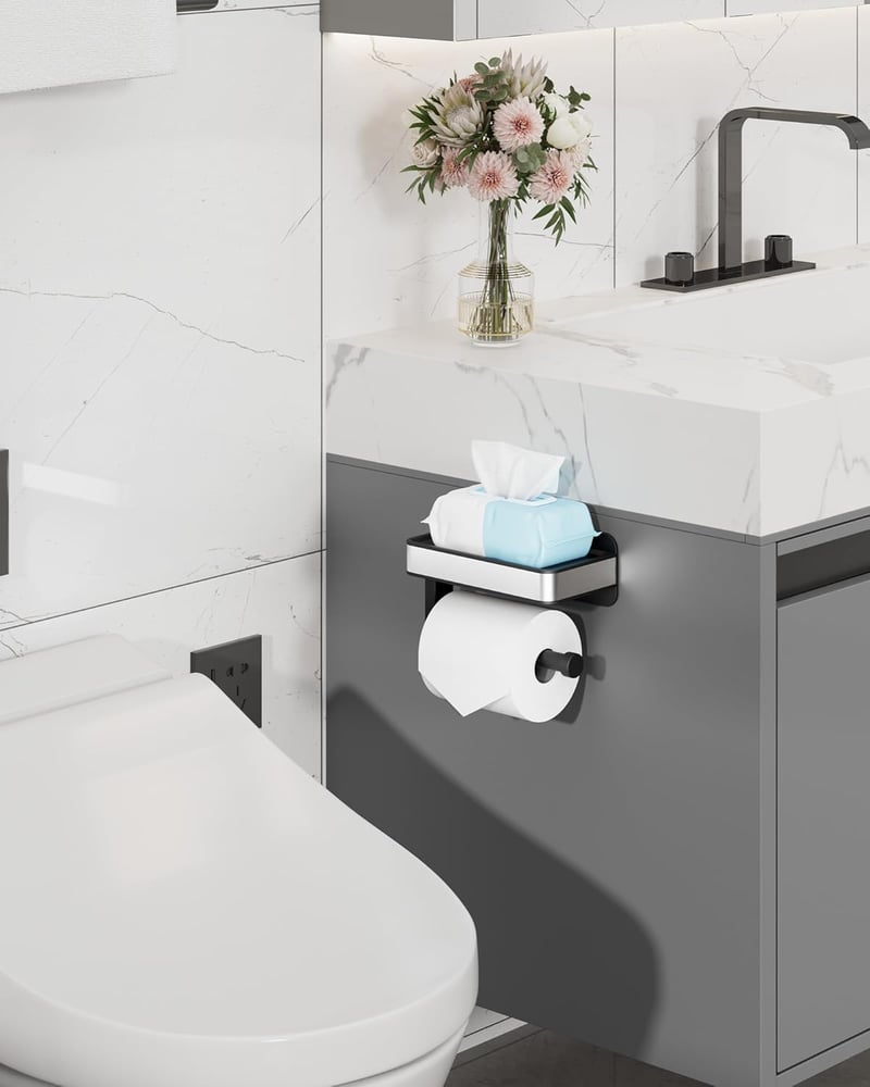 Kitsure Wc papír tartó polccal, fúrás nélkül, extra nagy tekercshez, fekete