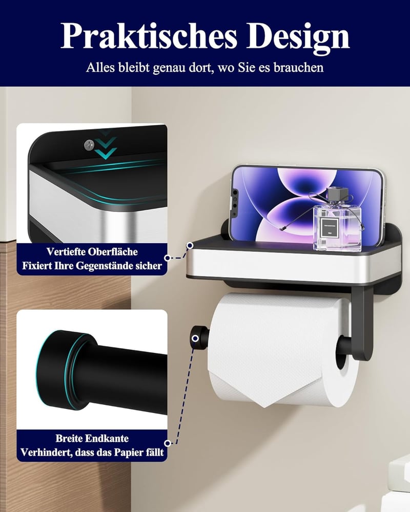 Kitsure Wc papír tartó polccal, fúrás nélkül, extra nagy tekercshez, fekete