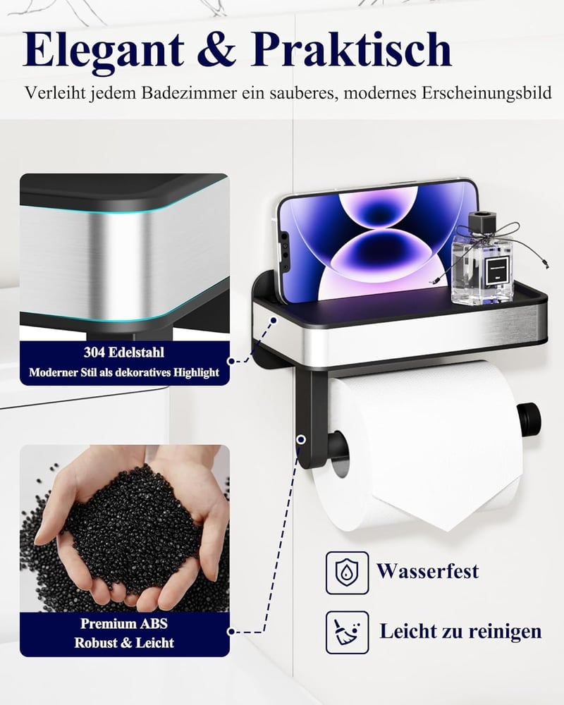 Kitsure Wc papír tartó polccal, fúrás nélkül, extra nagy tekercshez, fekete