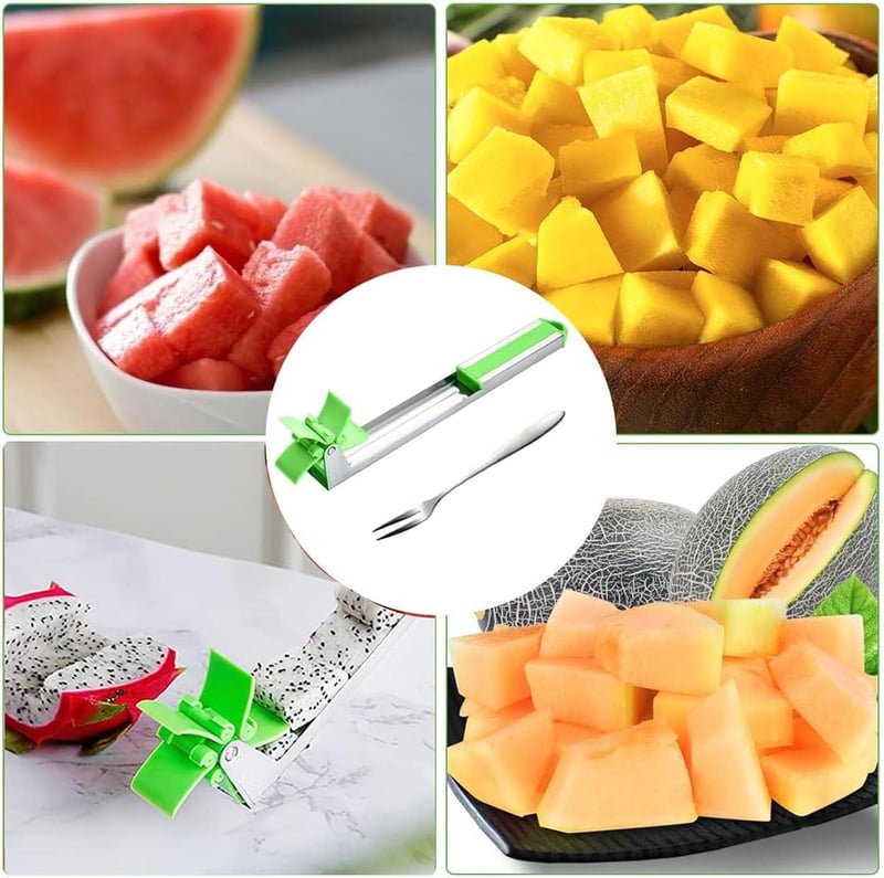 Kiuiom görögdinnye szeletelő szélmalom kés rozsdamentes acél gyümölcsvilla, zöld színben pitaya, papaja, cantaloupe