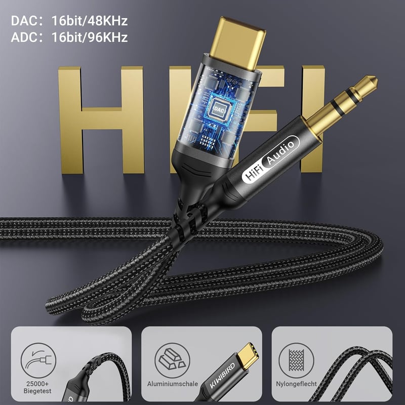 KiwiBird USB-C 3.5mm Jack Aux Kábel HiFi DAC 1.2m iPhone 16 15 Galaxy S25 S24