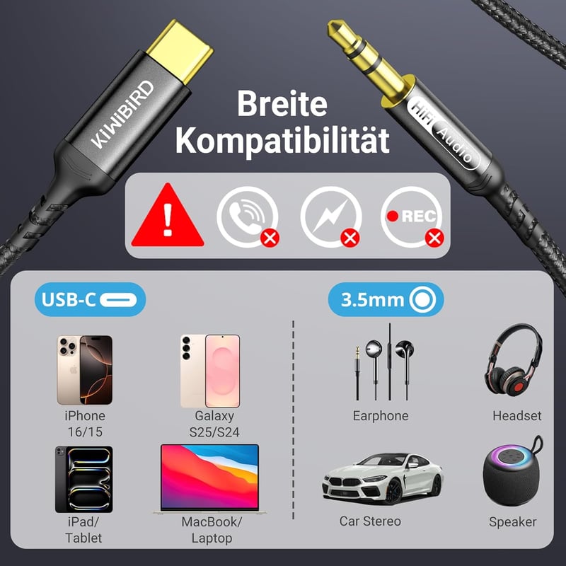 KiwiBird USB-C 3.5mm Jack Aux Kábel HiFi DAC 1.2m iPhone 16 15 Galaxy S25 S24
