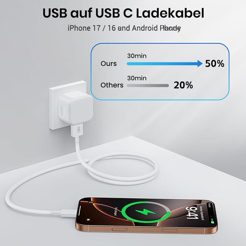 KiwiBird USB-C kábel iPhone 17 16 CarPlay töltéshez, 1m fehér nylon
