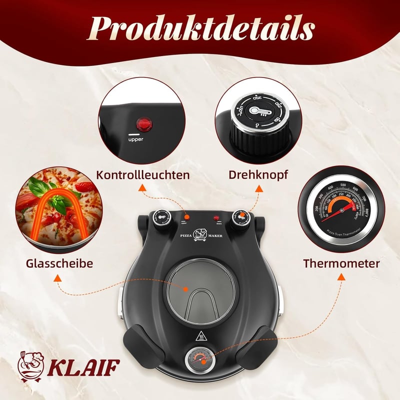 klaif Elektromos pizza sütő 420°C, külön állítható felső és alsó hő, 31 cm kerámia pizza kő, 1200 W, kompakt fekete
