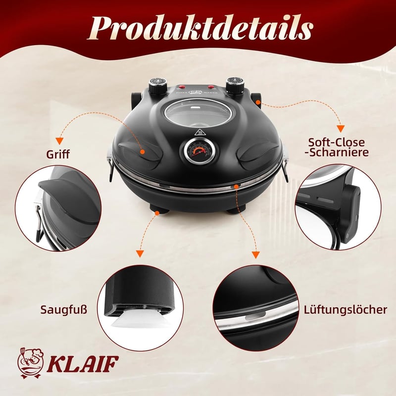 klaif Elektromos pizza sütő 420°C, külön állítható felső és alsó hő, 31 cm kerámia pizza kő, 1200 W, kompakt fekete
