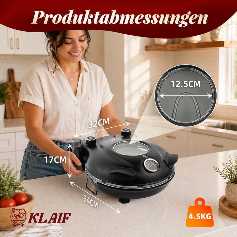 klaif Elektromos pizza sütő 420°C, külön állítható felső és alsó hő, 31 cm kerámia pizza kő, 1200 W, kompakt fekete