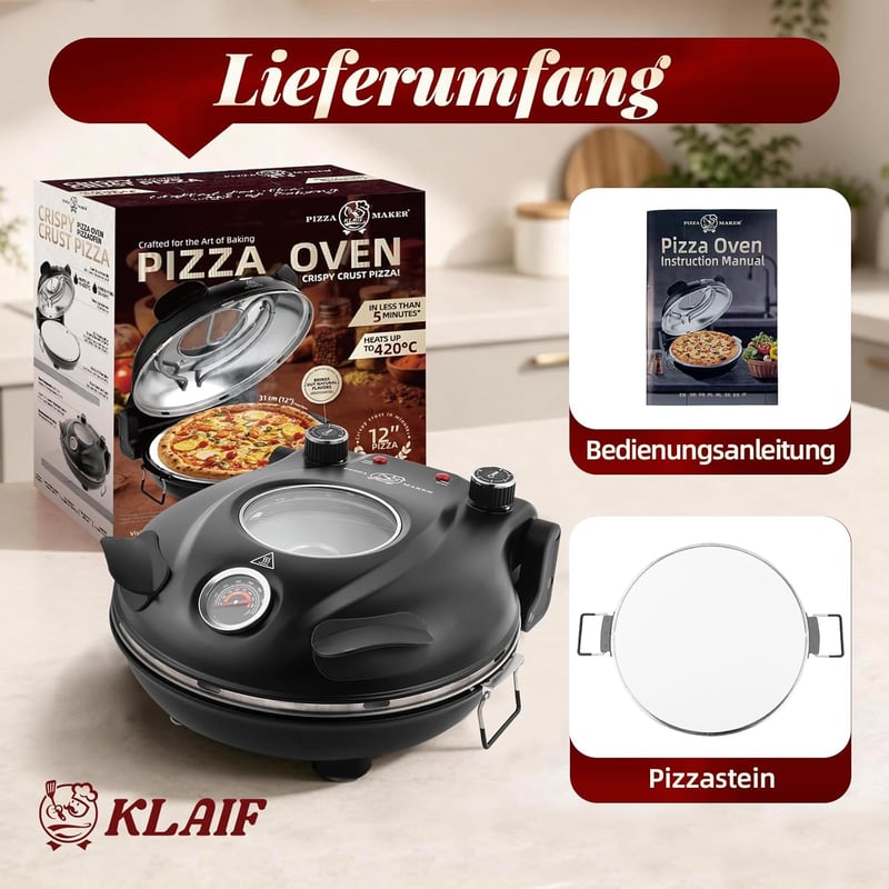 klaif Elektromos pizza sütő 420°C, külön állítható felső és alsó hő, 31 cm kerámia pizza kő, 1200 W, kompakt fekete