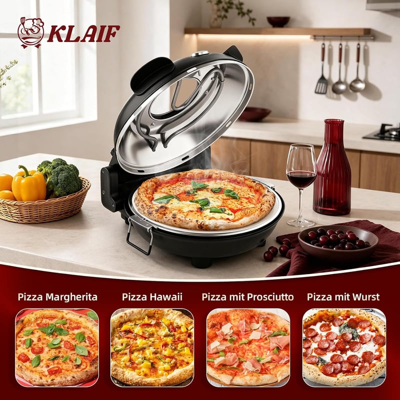 klaif Elektromos pizza sütő 420°C, külön állítható felső és alsó hő, 31 cm kerámia pizza kő, 1200 W, kompakt fekete