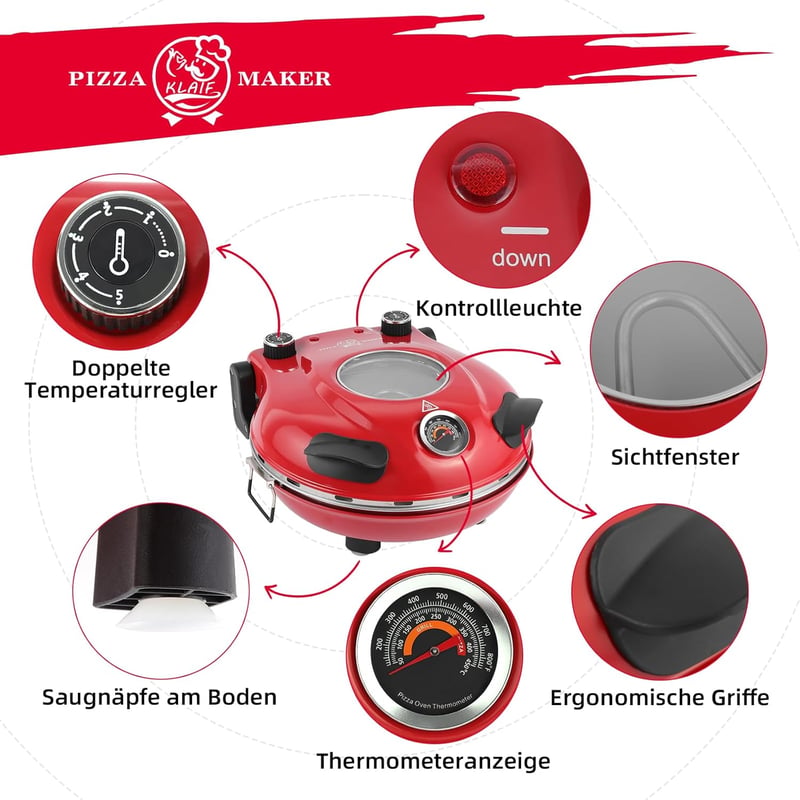 KLAIF Elektromos Pizzasütő 31cm Kerámia Kővel, 420°C, 1200W, Asztalra Helyezhető