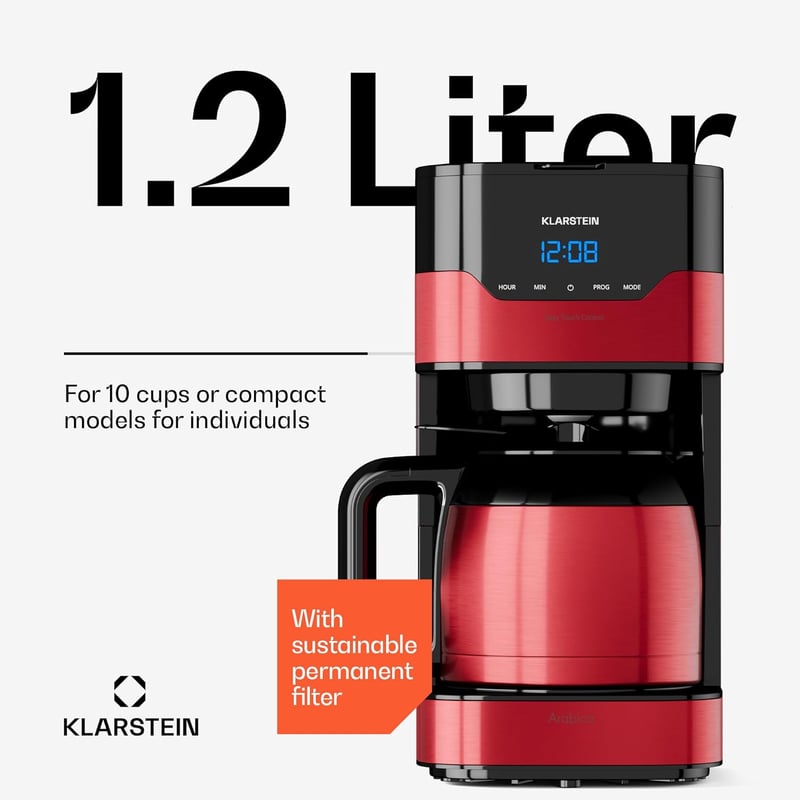 Klarstein 1.2L Filteres Kávéfőző 10 Csészés Termosbögre Időzítővel Rozsdamentes Acél