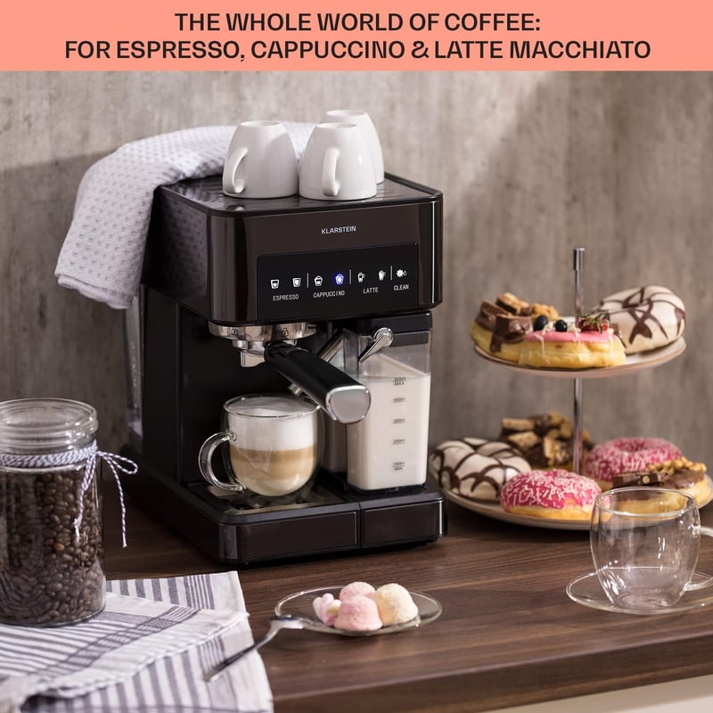 Klarstein 1.8L Espresso Kávéfőző Tejhabosítóval, 20 Bar, Rozsdamentes Acél