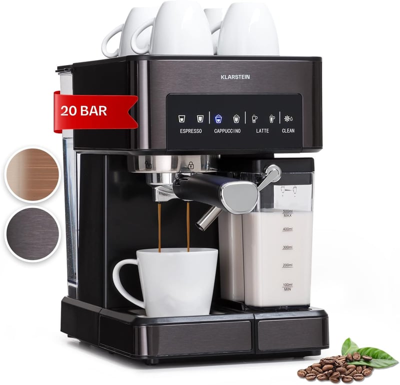 Klarstein 1.8L Espresso Kávéfőző Tejhabosítóval, 20 Bar, Rozsdamentes Acél