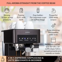 Klarstein 1.8L Espresso Kávéfőző Tejhabosítóval, 20 Bar, Rozsdamentes Acél 2