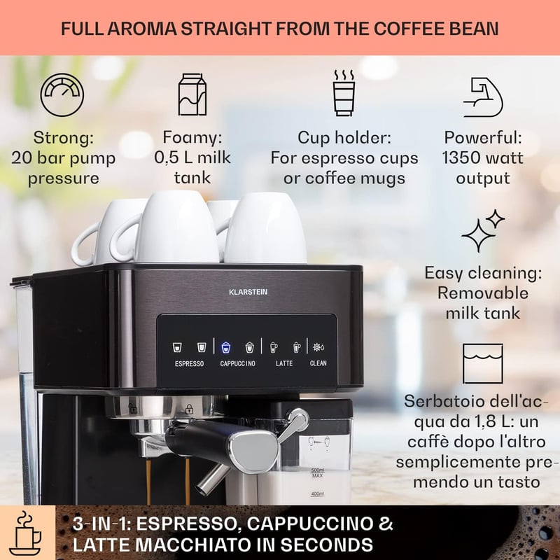 Klarstein 1.8L Espresso Kávéfőző Tejhabosítóval, 20 Bar, Rozsdamentes Acél