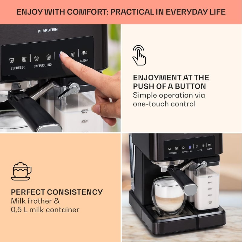 Klarstein 1.8L Espresso Kávéfőző Tejhabosítóval, 20 Bar, Rozsdamentes Acél