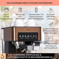 Klarstein Espresso Kávéfőző Tejhabosítóval 20 Bar Rozsdamentes Acél 1350W 2