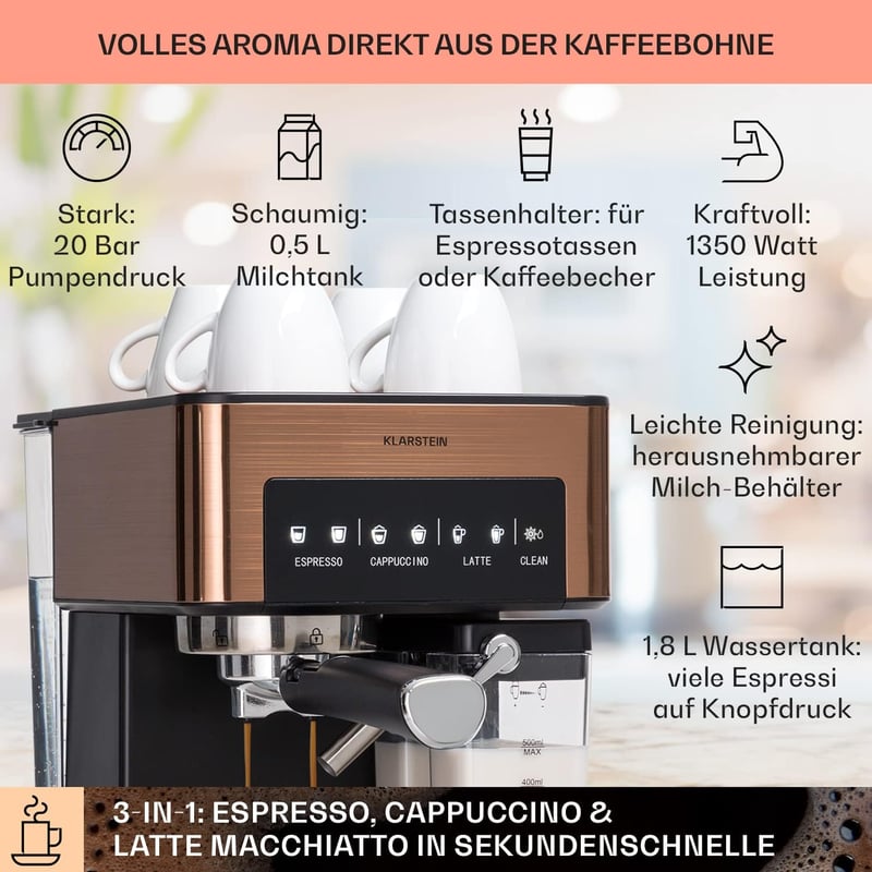 Klarstein Espresso Kávéfőző Tejhabosítóval 20 Bar Rozsdamentes Acél 1350W