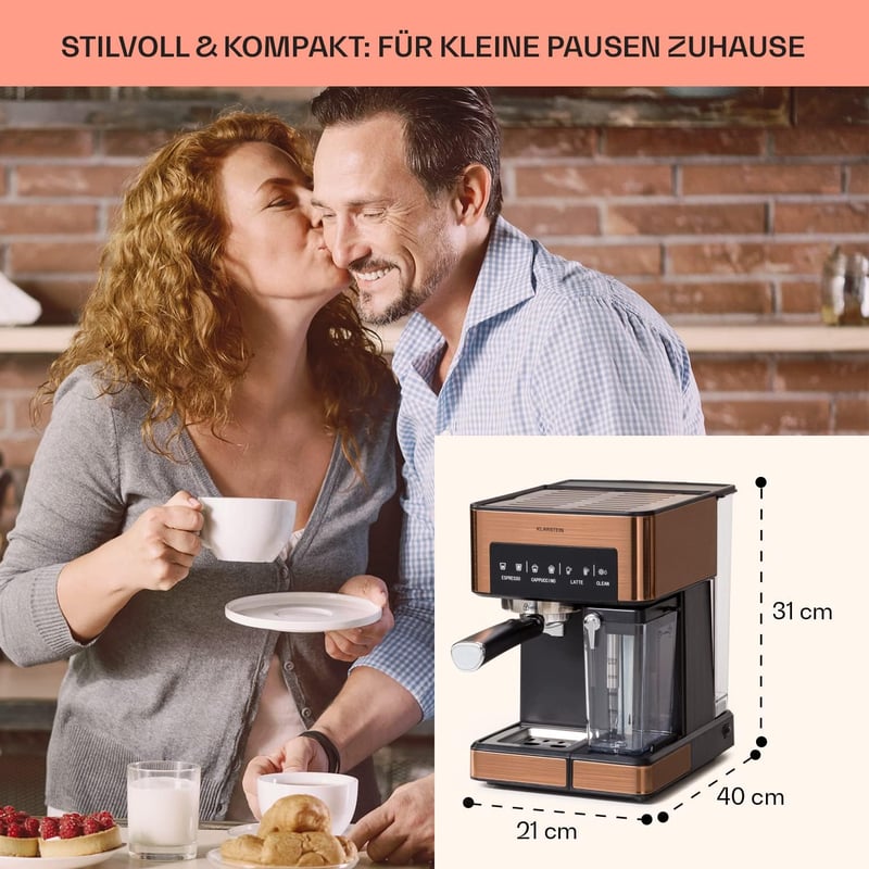 Klarstein Espresso Kávéfőző Tejhabosítóval 20 Bar Rozsdamentes Acél 1350W