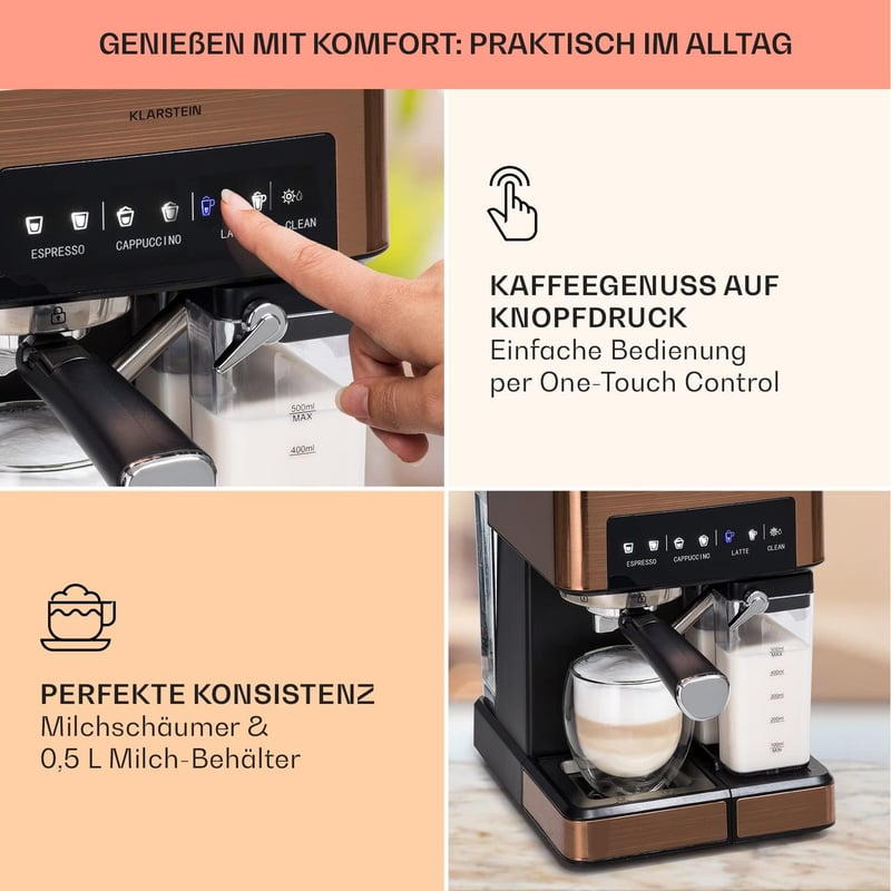 Klarstein Espresso Kávéfőző Tejhabosítóval 20 Bar Rozsdamentes Acél 1350W