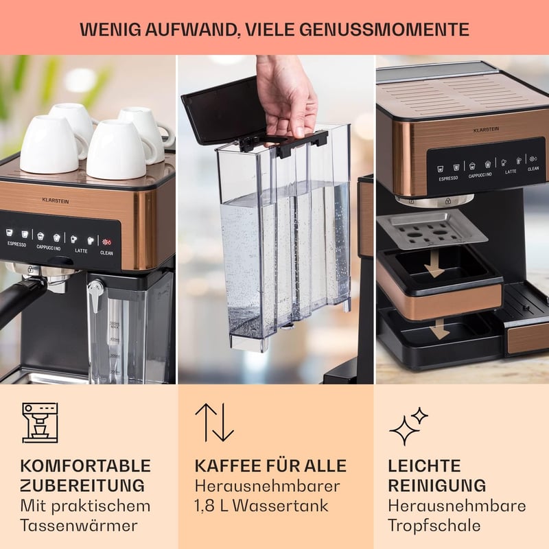 Klarstein Espresso Kávéfőző Tejhabosítóval 20 Bar Rozsdamentes Acél 1350W