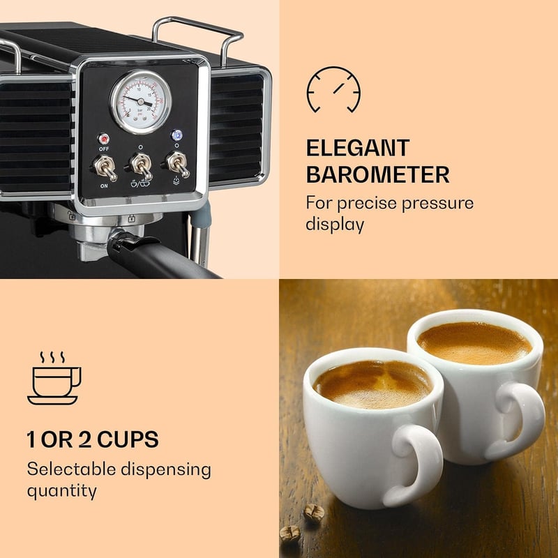 KLARSTEIN Gusto Classico Espresso Kávéfőző 1350W 20 Bar Nyomás Tejhabosító Fekete