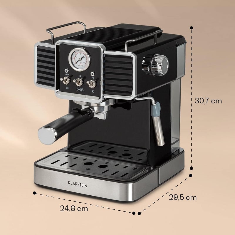 KLARSTEIN Gusto Classico Espresso Kávéfőző 1350W 20 Bar Nyomás Tejhabosító Fekete