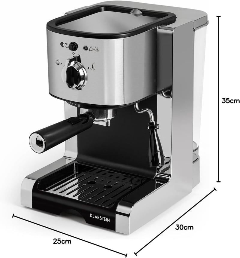 Klarstein Passionata 20 Ezüst Eszpresszó Kávéfőző Gép 1,25L Kivehető Tartállyal - Cappuccino és Latte Készítéshez, Modern Dizájn