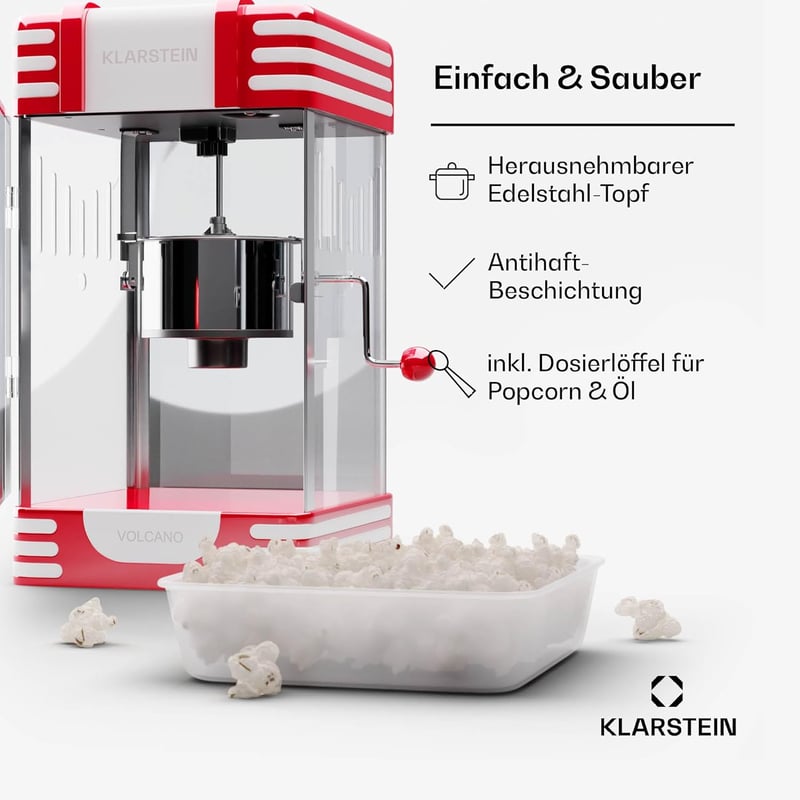 Klarstein Retro Popcorn Gép 300W Rozsdamentes Acél Tartállyal Édes és Sós Popcornhoz