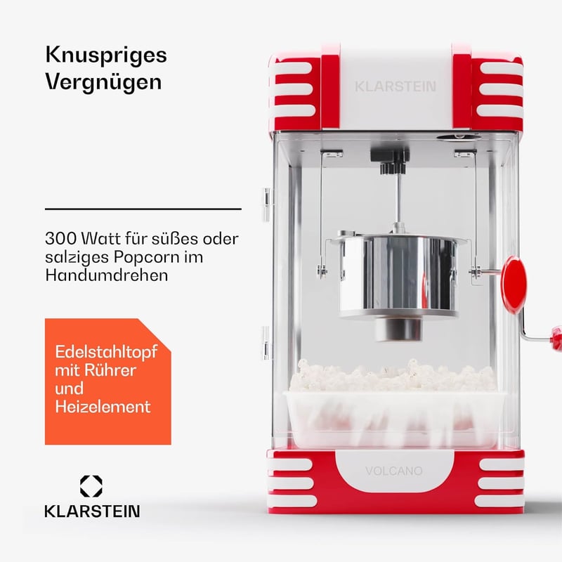 Klarstein Retro Popcorn Gép 300W Rozsdamentes Acél Tartállyal Édes és Sós Popcornhoz