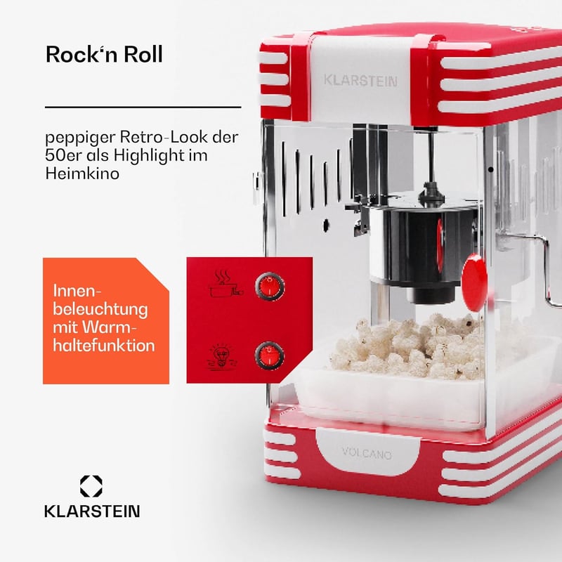 Klarstein Retro Popcorn Gép 300W Rozsdamentes Acél Tartállyal Édes és Sós Popcornhoz