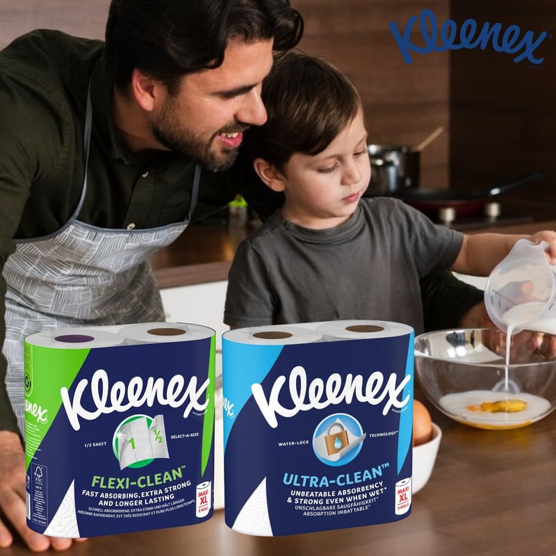 Kleenex Ultra Clean Maxi XL Konyhai Papírtörlő, 6 Tekercs, Kiváló Felszívóképesség - 1 stück (6er Pack), 2-White