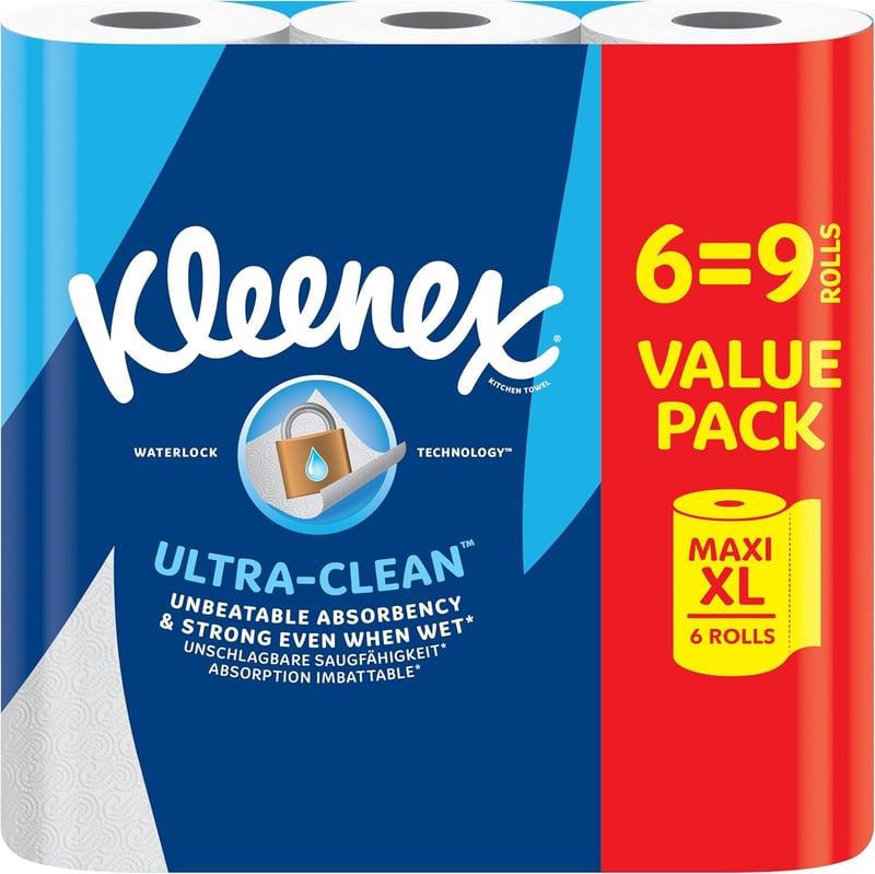 Kleenex Ultra Clean Maxi XL Konyhai Papírtörlő, 6 Tekercs, Kiváló Felszívóképesség - 1 stück (6er Pack), 2-White