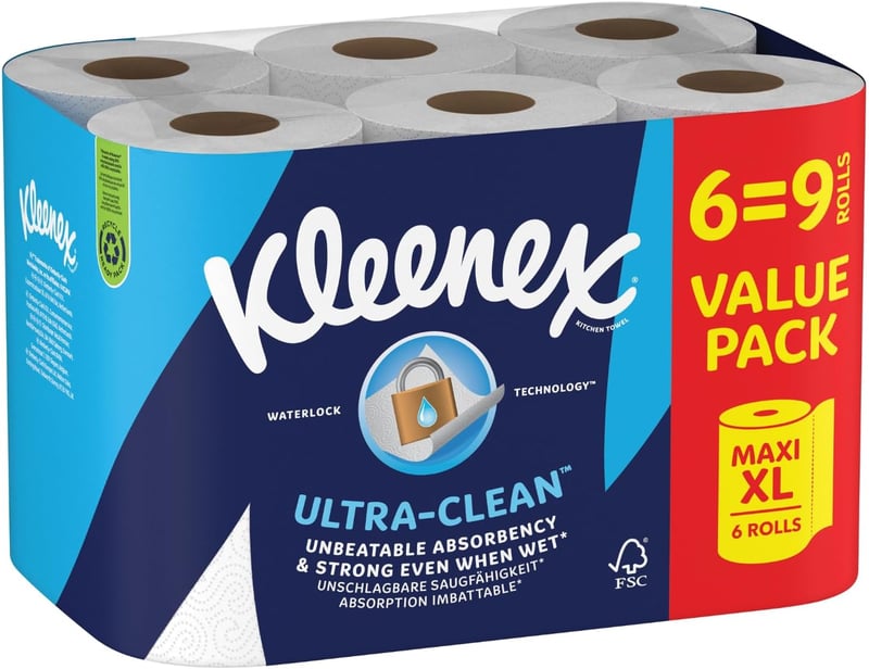 Kleenex Ultra Clean Maxi XL Konyhai Papírtörlő, 6 Tekercs, Kiváló Felszívóképesség - 1 stück (6er Pack), 2-White