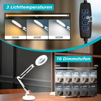 KLGFI LED Lupa so stojanom, 10-násobné zväčšenie, 3 režimy svietenia, stmievateľná, biela, stolová lampa s voľnými rukami na ručné práce, hobby a čítanie 3