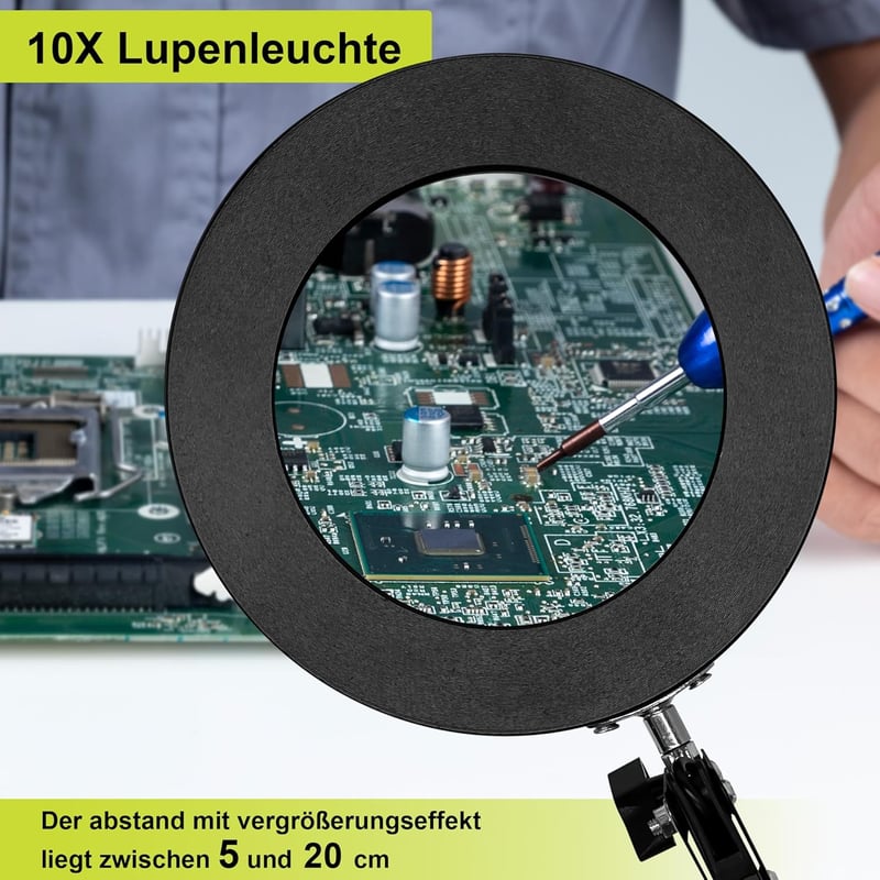 KLGFI Nagyító Lámpa Állvánnyal - 10x Nagyítás, 3 Színmód, Szabályozható LED Világítás, Forgatható Fej Olvasáshoz, Hobbikhoz és Kézimunkához