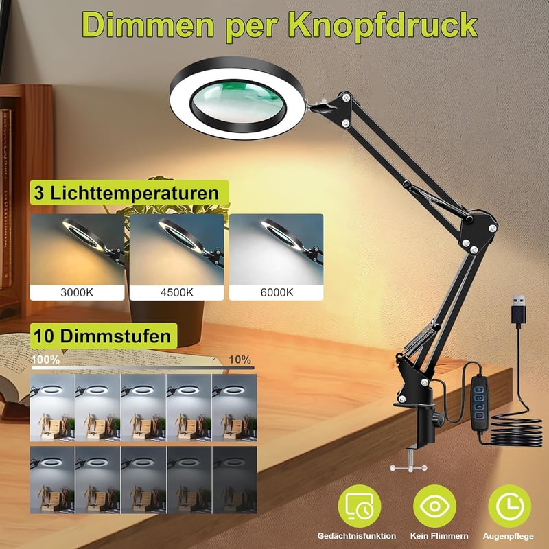 KLGFI Nagyító Lámpa Állvánnyal - 10x Nagyítás, 3 Színmód, Szabályozható LED Világítás, Forgatható Fej Olvasáshoz, Hobbikhoz és Kézimunkához