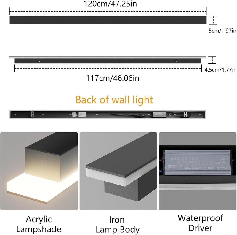 Klighten 120 cm-es Kültéri-Beltéri LED Fali Lámpa - IP65 Vízálló Fekete Vas-Akril Világítás, 35W, Meleg Fehér 3000K, Szabályozható