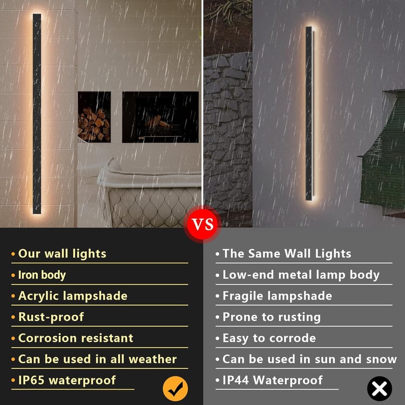 Klighten 120 cm-es Kültéri-Beltéri LED Fali Lámpa - IP65 Vízálló Fekete Vas-Akril Világítás, 35W, Meleg Fehér 3000K, Szabályozható