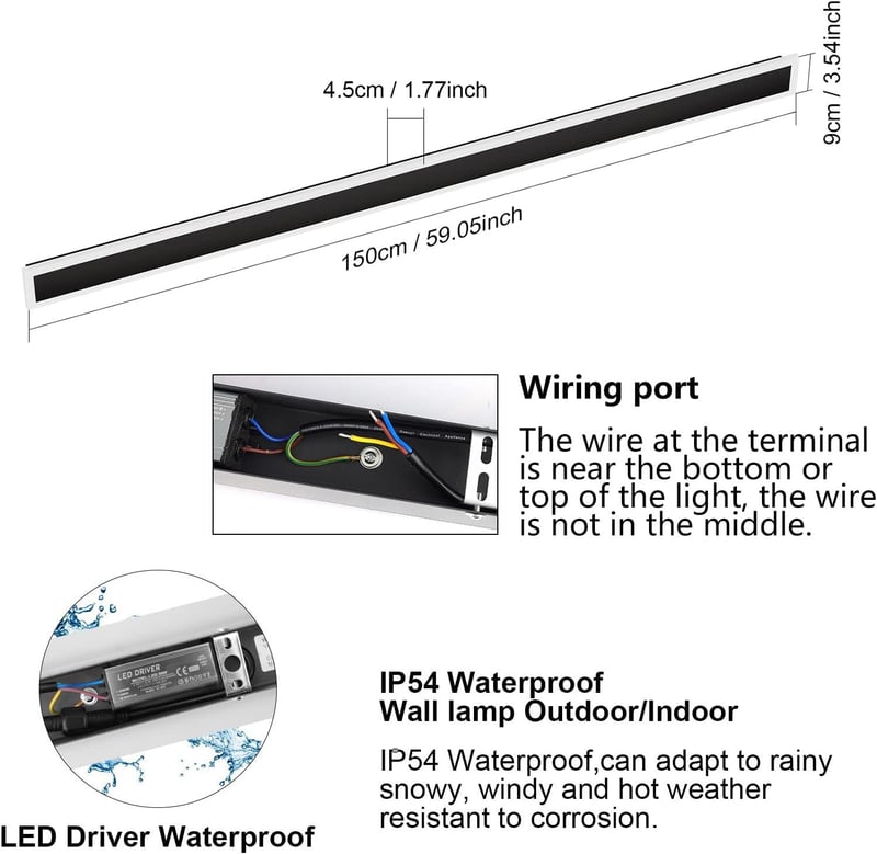 Klighten 150 cm-es IP54 Vízálló LED Fali Lámpa - Fekete Kültéri Világítás Kerthez, Teraszhoz, Nappaliba - 45W 3855lm Meleg Fehér 3000K