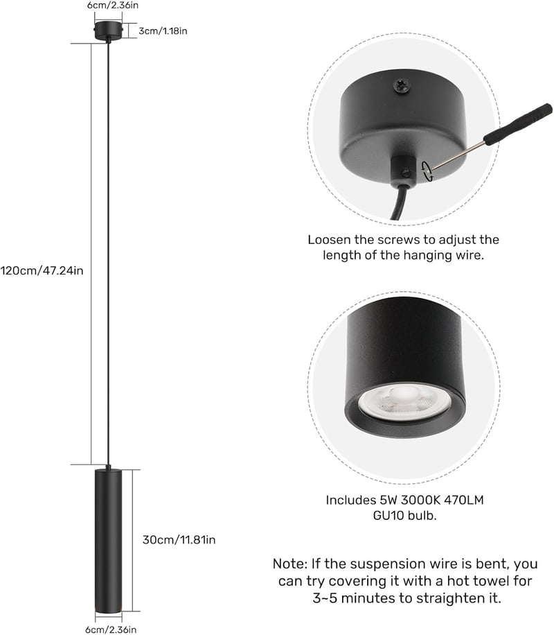 Klighten 2 db GU10 LED függőlámpa henger, 5W 472 lm, állítható magasság 30 cm, meleg fehér 3000 K, fekete, konyha étkező nappali
