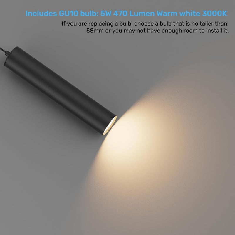 Klighten 2 db GU10 LED függőlámpa henger, 5W 472 lm, állítható magasság 30 cm, meleg fehér 3000 K, fekete, konyha étkező nappali