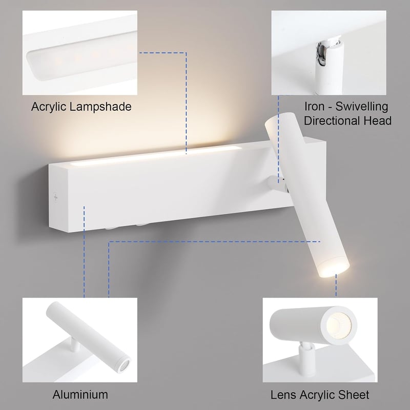 Klighten 2 db LED fali spot 3 W+3 W 3000K meleg fehér 2 izzó 2 kapcsoló fehér alumínium 330 fok forgatható 60 fok