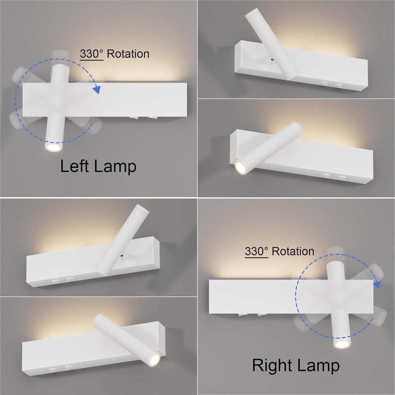 Klighten 2 db LED fali spot 3 W+3 W 3000K meleg fehér 2 izzó 2 kapcsoló fehér alumínium 330 fok forgatható 60 fok