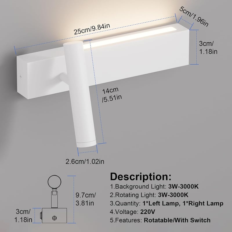 Klighten 2 db LED fali spot 3 W+3 W 3000K meleg fehér 2 izzó 2 kapcsoló fehér alumínium 330 fok forgatható 60 fok