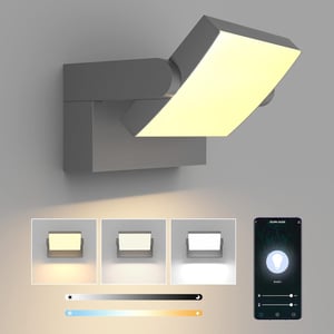 Aplica LED de perete Klighten 24 W pentru interior/exterior, IP65, reglabilă (dimmabilă), control prin aplicație, temporizator, panou rotativ, gri închis, 1500 lm, 3000-6000 K
