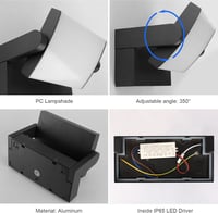 Klighten 24W Kültéri-Beltéri Fali Lámpa, IP65 Vízálló, Forgatható LED Panel, 1500 Lumen, 4000K Természetes Fehér, Fekete Alumínium 2