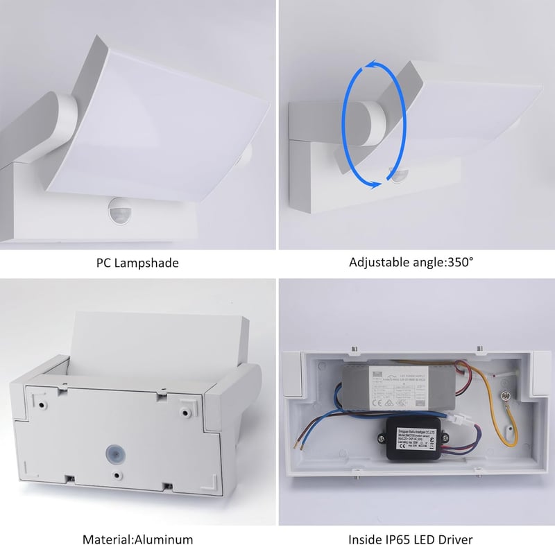 Klighten 24W LED Kültéri Fali Lámpa Mozgásérzékelővel IP65 Forgatható Panellel